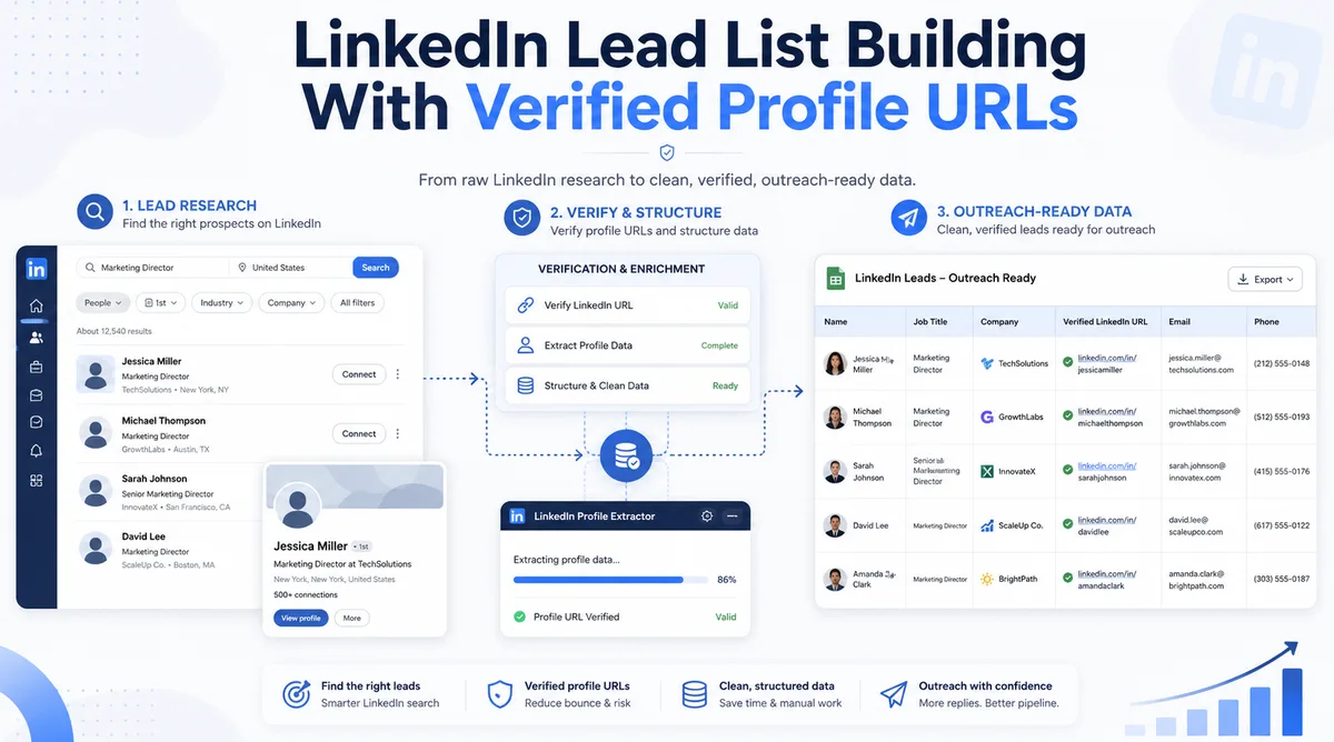 Illustration showing a workflow from LinkedIn lead research to outreach-ready data, with prospect search results on the left, a profile URL verification and structuring step in the center, and a clean spreadsheet of verified leads with names, titles, comp